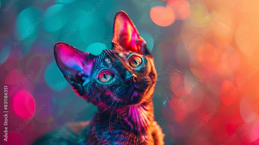 Cute Devon Rex Cat in pop art style, geometric colorful background selective focus, vibrant, overlay, urban street backdrop Cute Devon Rex Cat in pop art style, geometric colorful background selective focus, vibrant, overlay, urban street backdrop