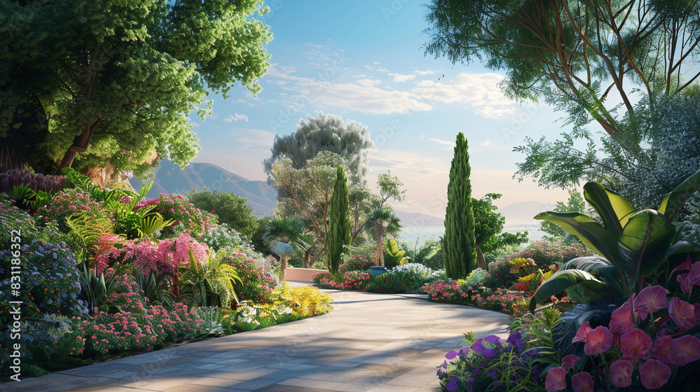 Luxurious garden with diverse flora and a breathtaking view, perfect for nature lovers.