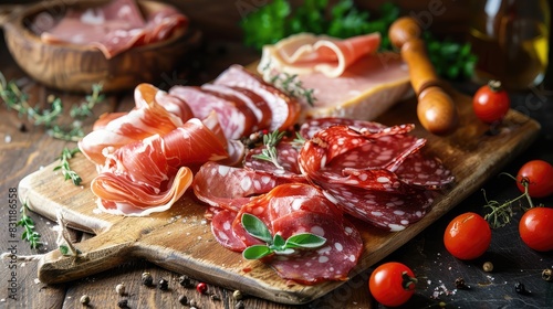 Slicing deli meats on a board. Selective focus.