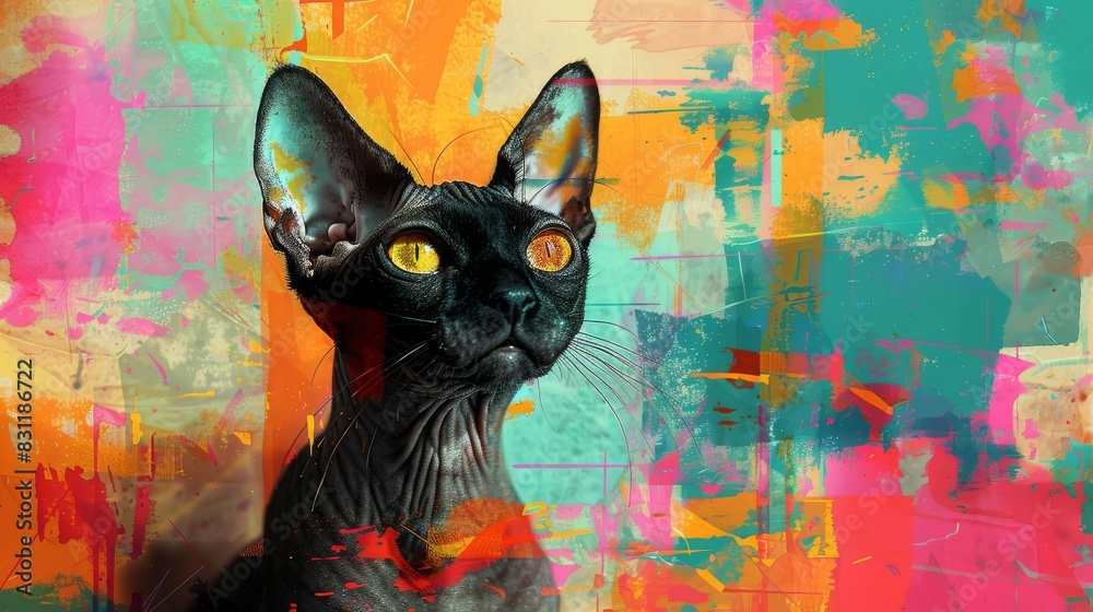 Cute Devon Rex Cat in pop art style, geometric colorful background selective focus, vibrant, overlay, urban street backdrop Cute Devon Rex Cat in pop art style, geometric colorful background selective focus, vibrant, overlay, urban street backdrop