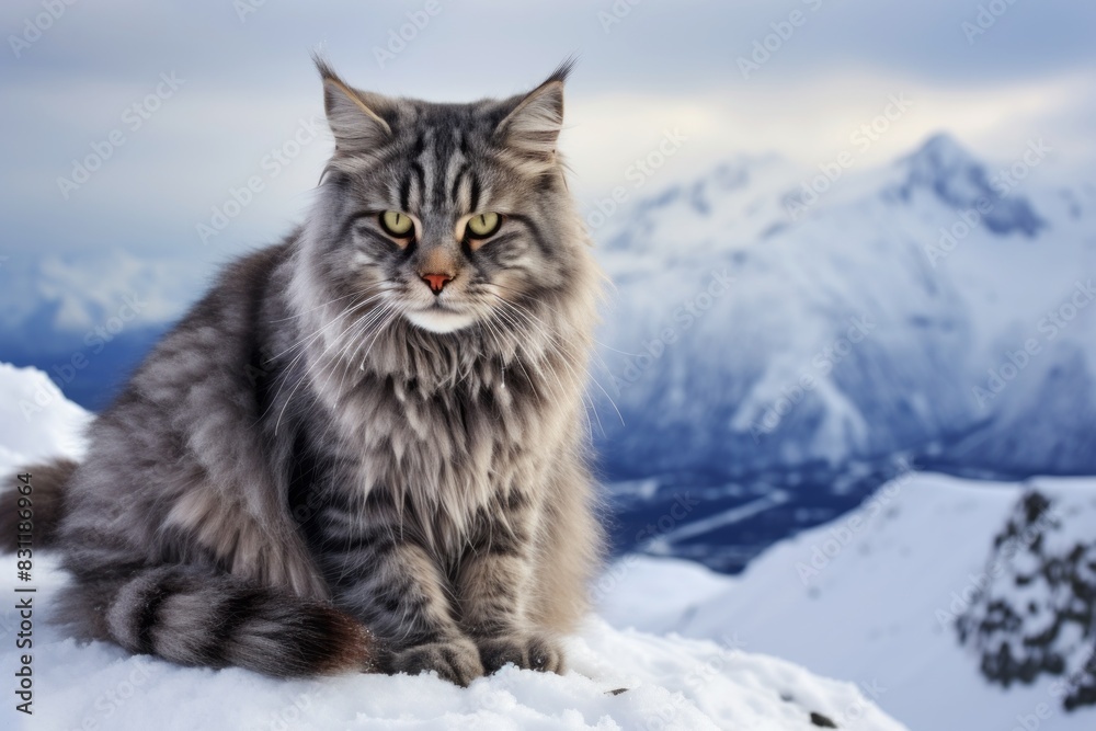 Portrait of a funny nebelung cat while standing against snowy mountain range Portrait of a funny nebelung cat while standing against snowy mountain range