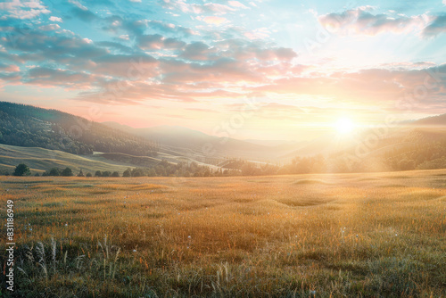 Green field, sunny sky background suitable for summerthemed designs, agriculture concepts, environmental campaigns, and outdoor adventure promotions.