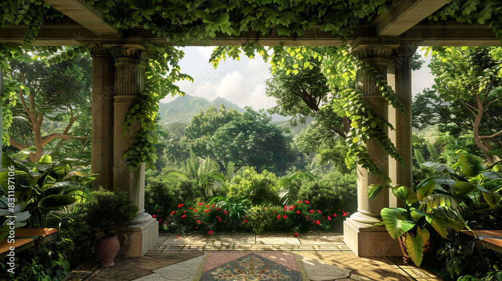 Serene home garden abundant with greenery and a breathtaking view of nature's wonders. Serene home garden abundant with greenery and a breathtaking view of nature's wonders.