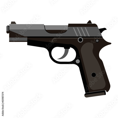 A black and silver handgun placed on a plain white surface against a backdrop
