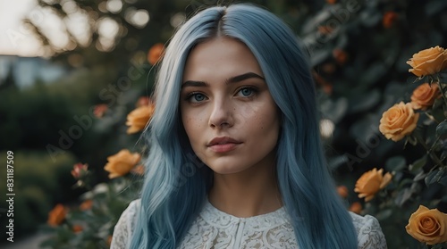 Photorealistic portrait of a 24-year-old American girl with blue hairstyle . she has straightened straight hair. She has blue turkize light eyes.She is natural. Generative AI