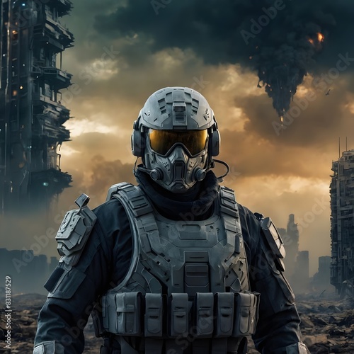 A futuristic soldier stands in the middle of a devastated, post-apocalyptic cityscape. Wearing advanced tactical armor and a helmet, the soldier looks toward towering, damaged skyscrapers