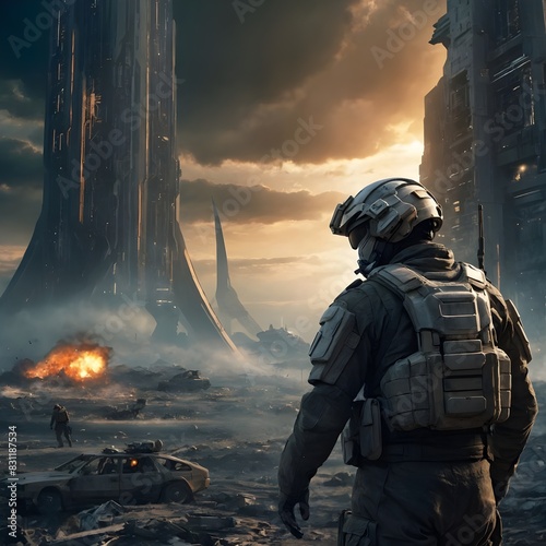 A futuristic soldier stands in the middle of a devastated, post-apocalyptic cityscape. Wearing advanced tactical armor and a helmet, the soldier looks toward towering, damaged skyscrapers
