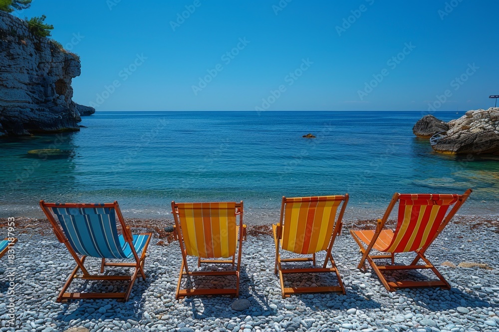 colorful striped deck chairs lined up on a pebble beach, with the vast sea in the background and a clear blue sky above. colorful striped deck chairs lined up on a pebble beach, with the vast sea in the background and a clear blue sky above.