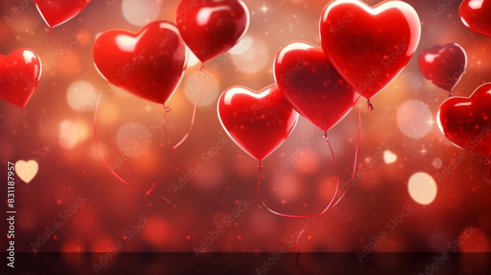 Valentine's Day celebration, holiday birthday, wedding, banner, illustration, greeting card - red heart balloons, with blurred background and bokeh lights