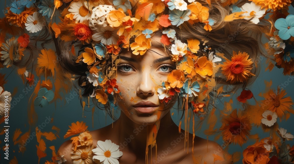An artistic portrayal of a model with a vivid floral headdress and paint drips on her face