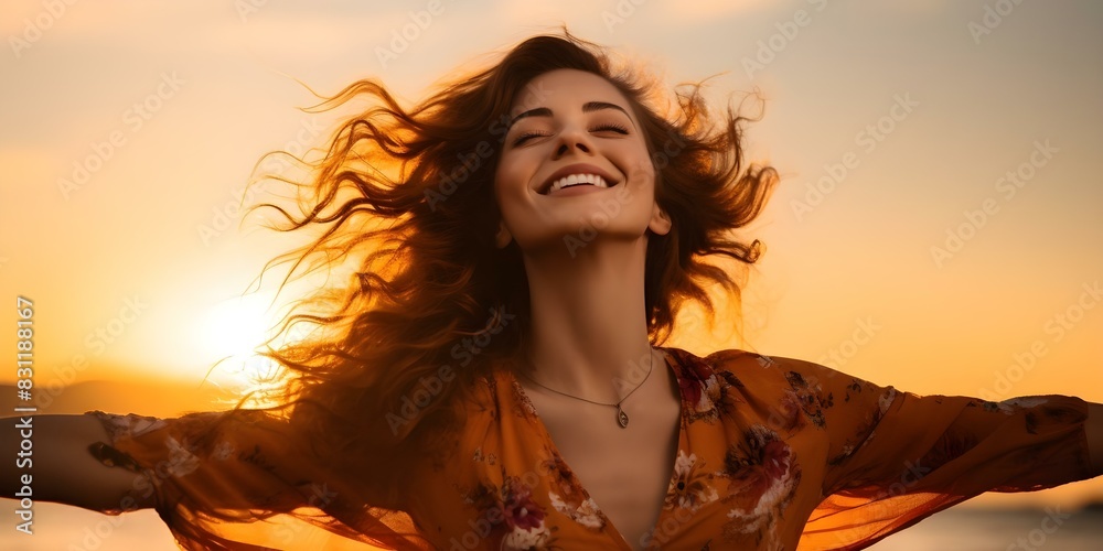 Woman in a state of bliss, embracing the sunset at the beach. Concept Sunset Bliss, Beach Beauty, Serene Moments, Nature Connection, Spiritual Harmony