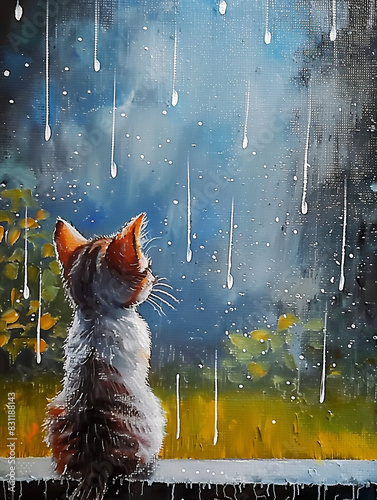 Cute baby cat looking into the distance in the rain. Cat's longing and emotion art oil painting canvas wall art