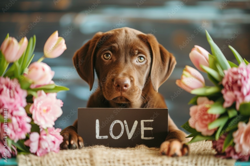 Words Love for Mom. Cute Brown Puppy with Mother's Day Card and Bouquet. Closeup Studio Photo for Family and Loved Ones Words Love for Mom. Cute Brown Puppy with Mother's Day Card and Bouquet. Closeup Studio Photo for Family and Loved Ones
