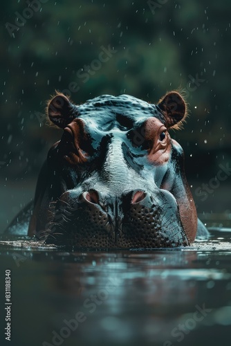 Large hippopotamus in the water. Selective focus.