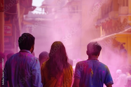 India Culture. Colorful Celebration of Holi Festival in Dust with Indian Men and Women