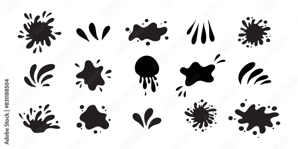 Obraz premium Water drops and splash silhouette collection in simple doodle style. Set different liquid shapes and silhouette.