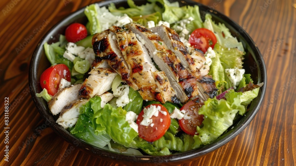 a fresh salad featuring succulent chicken, juicy tomatoes, and creamy feta cheese served in a bowl atop a rustic wooden table, inviting viewers to indulge in a wholesome and satisfying meal. a fresh salad featuring succulent chicken, juicy tomatoes, and creamy feta cheese served in a bowl atop a rustic wooden table, inviting viewers to indulge in a wholesome and satisfying meal.