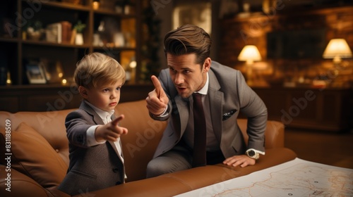 An adult and a child, both dressed in suits, interact over a map in a cozy room
