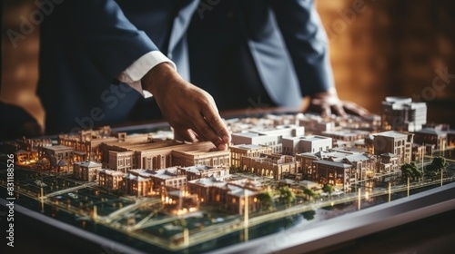 A professional architect studies a miniature 3D cityscape model, pointing at buildings © AS Photo Family