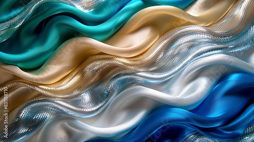 A modern fabric design featuring interwoven lines in a mix of metallic colors like emerald, royal blue, and silver, providing a colorful and shiny background. Minimal and Simple style photo