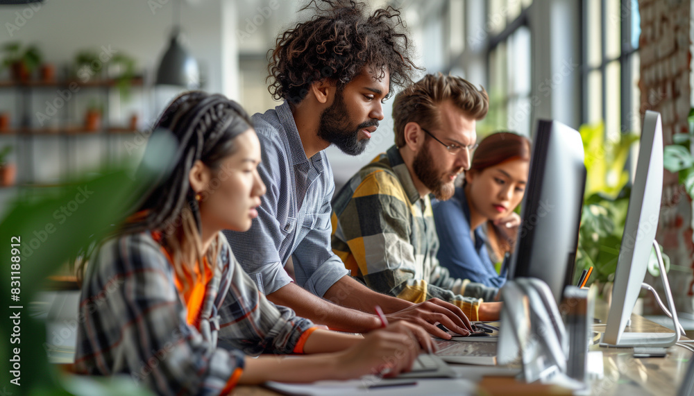 a of a group of software testers conducting a usability test, with one person observing and taking notes while others interact with the software, multiracial, Teamwo a of a group of software testers conducting a usability test, with one person observing and taking notes while others interact with the software, multiracial, Teamwo