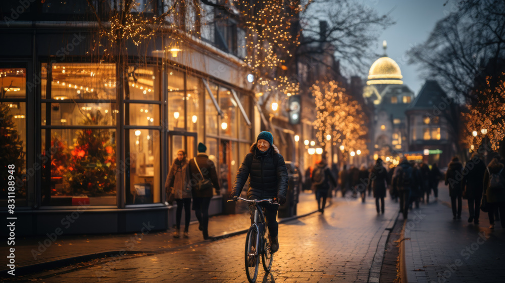 An atmospheric evening shot of a cyclist on an urban street with festive lights and architecture