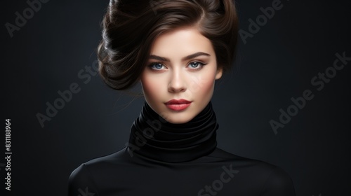 A sophisticated woman with striking features and classic makeup exudes glamour and elegance against a dark background