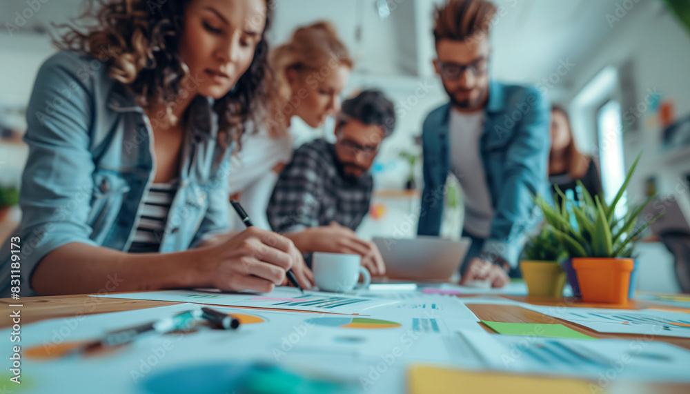 a close-up image of a group of employees in a modern open-plan office, gathered around a desk and engaged in a brainstorming session, Teamwork, Group Of People, Business Person, Bu a close-up image of a group of employees in a modern open-plan office, gathered around a desk and engaged in a brainstorming session, Teamwork, Group Of People, Business Person, Bu