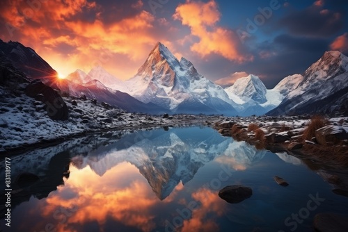 Mountain lake in Himalayas at sunset, perfect reflection at sunrise, snowy mountains, hills, fog over the lake, AI generated © Tanu