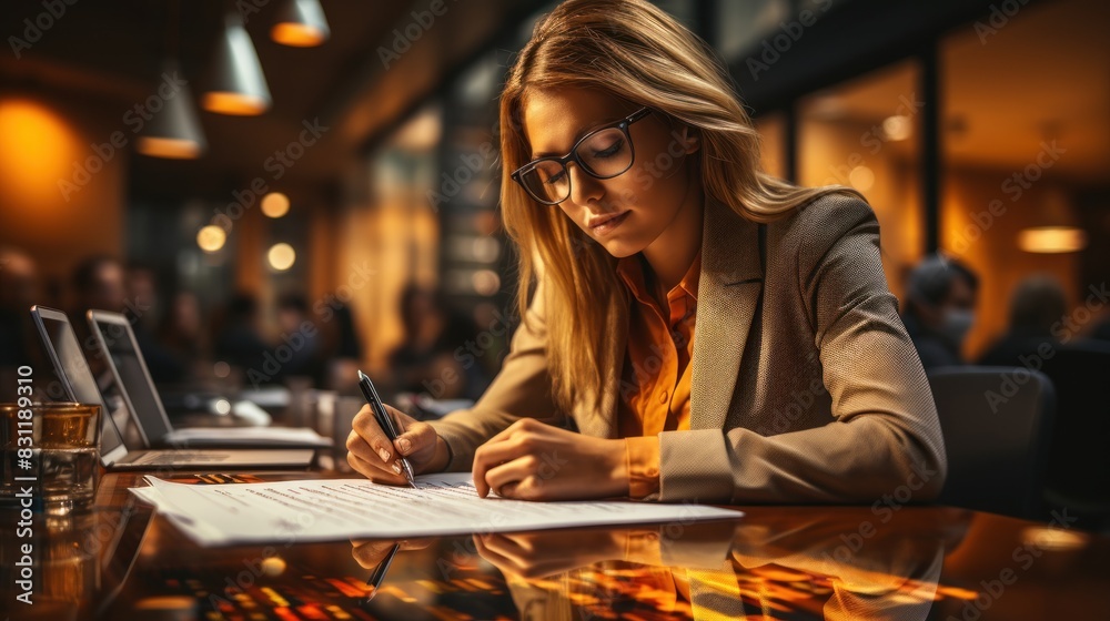 A businesswoman works intently on documents, with her laptop open in a cozy night-time cafe setting A businesswoman works intently on documents, with her laptop open in a cozy night-time cafe setting