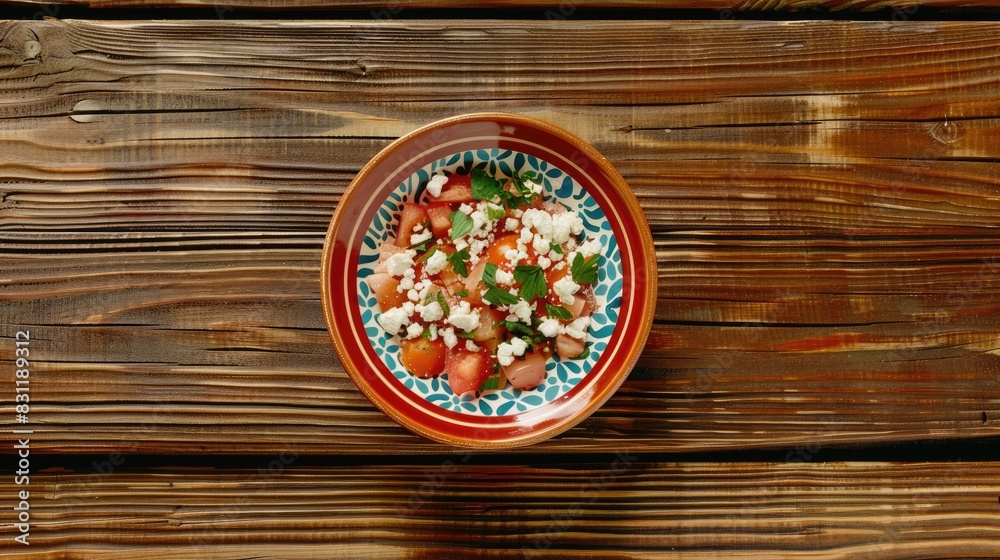 a fresh salad featuring succulent chicken, juicy tomatoes, and creamy feta cheese served in a bowl atop a rustic wooden table, inviting viewers to indulge in a wholesome and satisfying meal. a fresh salad featuring succulent chicken, juicy tomatoes, and creamy feta cheese served in a bowl atop a rustic wooden table, inviting viewers to indulge in a wholesome and satisfying meal.