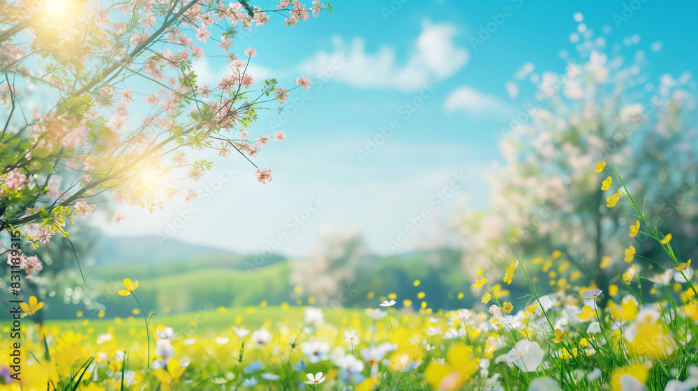 Obraz premium Branches of blooming flowering plants on natural blurred background, outdoor sunlight in summer. Spring flowers in the sunlight Close-up of copy space