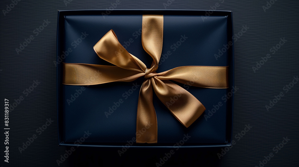 Luxury Unwrapped: Dark Blue Gift Box with Gold Satin Ribbon, Top-Down View Luxury Unwrapped: Dark Blue Gift Box with Gold Satin Ribbon, Top-Down View