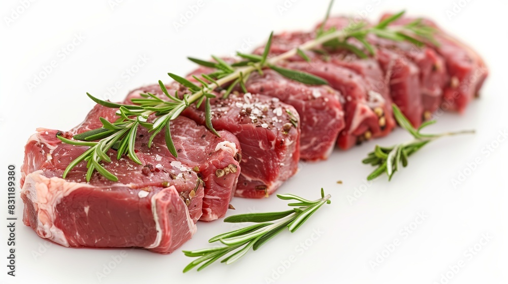 Fresh raw beef steaks seasoned with rosemary and salt on white background Fresh raw beef steaks seasoned with rosemary and salt on white background