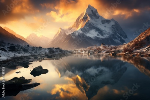 Mountain lake in Himalayas at sunset, perfect reflection at sunrise, snowy mountains, hills, fog over the lake, AI generated