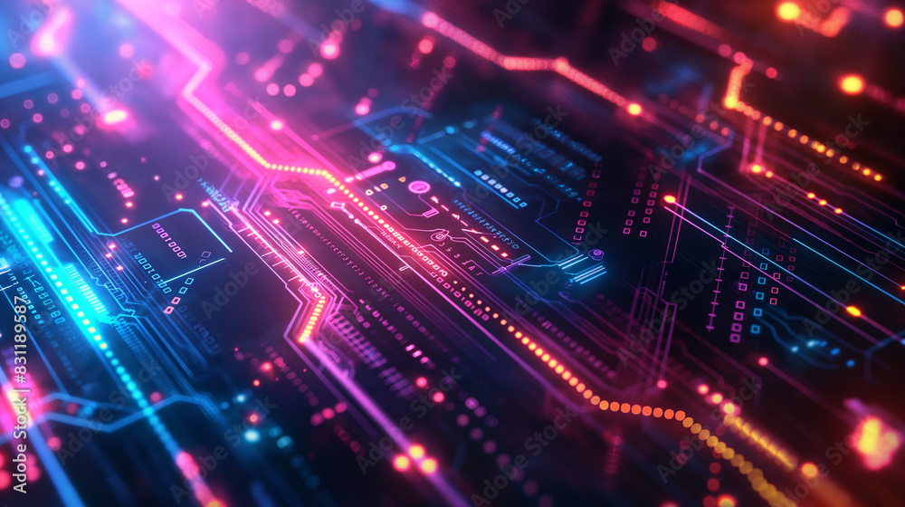 Abstract technology background Neon circuit board with bokeh effect High tech and dark background connection system with binary code and circuits. 3D rendering. Abstract technology background Neon circuit board with bokeh effect High tech and dark background connection system with binary code and circuits. 3D rendering.