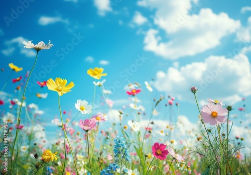 A field of blooming wildflowers under a bright blue sky  teeming with vibrant colors. This idyllic setting is perfect for placing text about growth  renewal  and the beauty of life s journey.