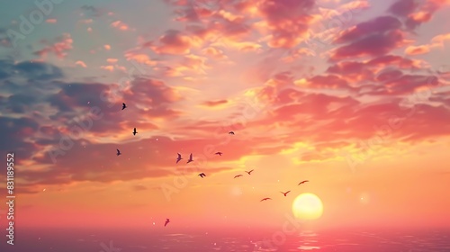 A flock of birds flying in formation against a colorful Eid sunset sky.
