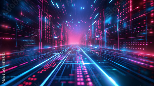 Abstract technology background Neon circuit board with bokeh effect High tech and dark background connection system with binary code and circuits. 3D rendering.