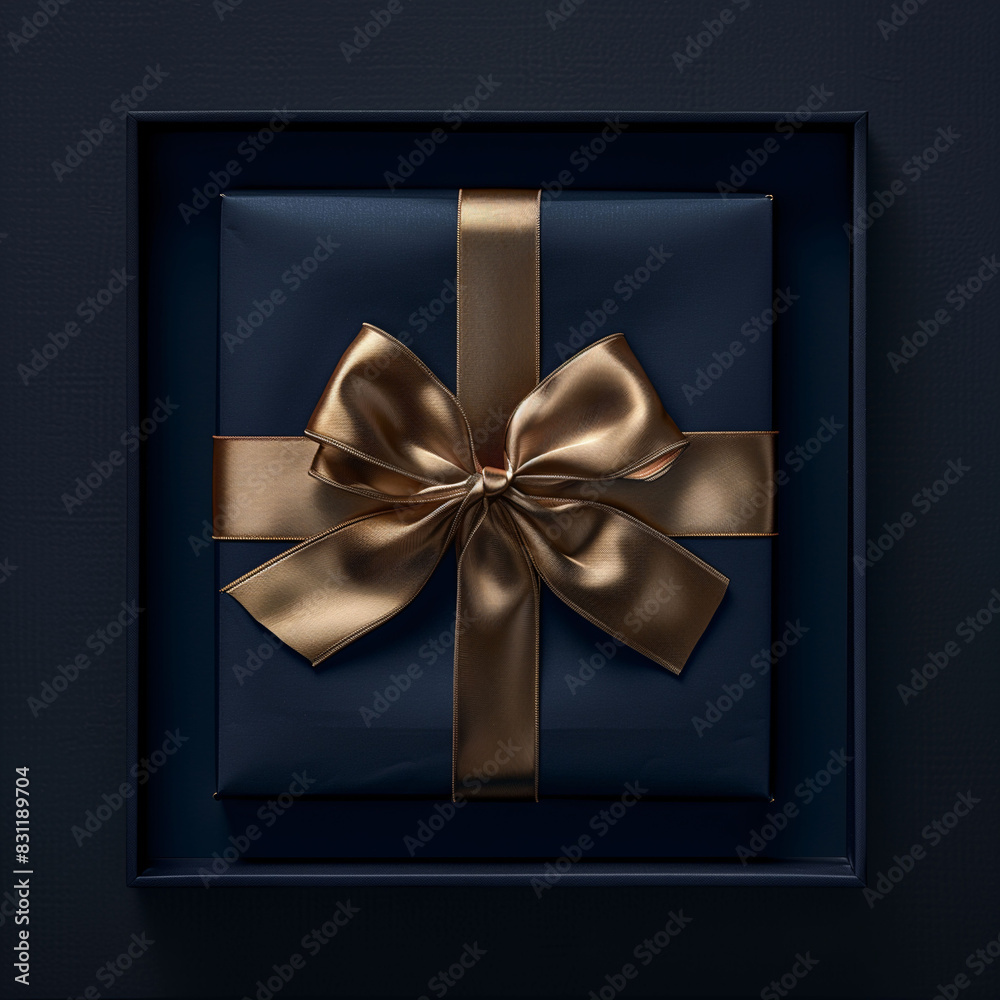 Luxury Wrapped: Dark Blue Gift Box with Gold Satin Ribbon, Top-Down View Luxury Wrapped: Dark Blue Gift Box with Gold Satin Ribbon, Top-Down View