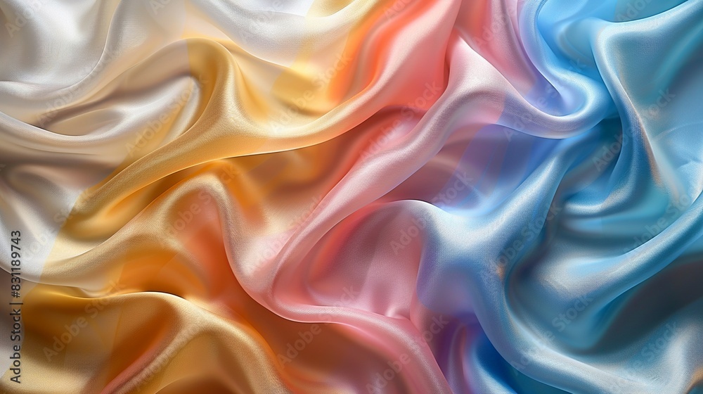 A colorful and shiny fabric design featuring smooth, wavy lines in gradient shades of gold, blue, and pink, providing a beautiful and modern background. Minimal and Simple style A colorful and shiny fabric design featuring smooth, wavy lines in gradient shades of gold, blue, and pink, providing a beautiful and modern background. Minimal and Simple style