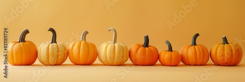 row of assorted pumpkins on warm orange background