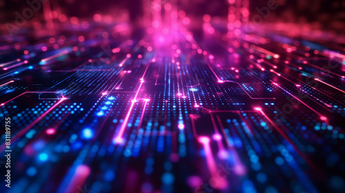 Abstract technology background Neon circuit board with bokeh effect High tech and dark background connection system with binary code and circuits. 3D rendering.