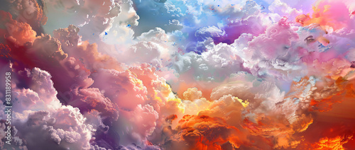 Colorful clouds and sky background with colorful abstract colors, psychedelic color palette, surreal landscape, fantasy sky