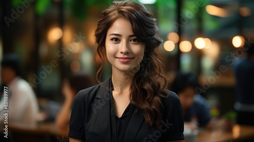 A poised professional businesswoman gives a friendly smile at a caf    possibly during a break or casual meeting