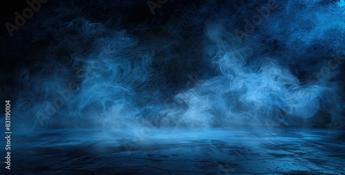 Dark blue background with fog and smoke  concrete floor. Created with Ai