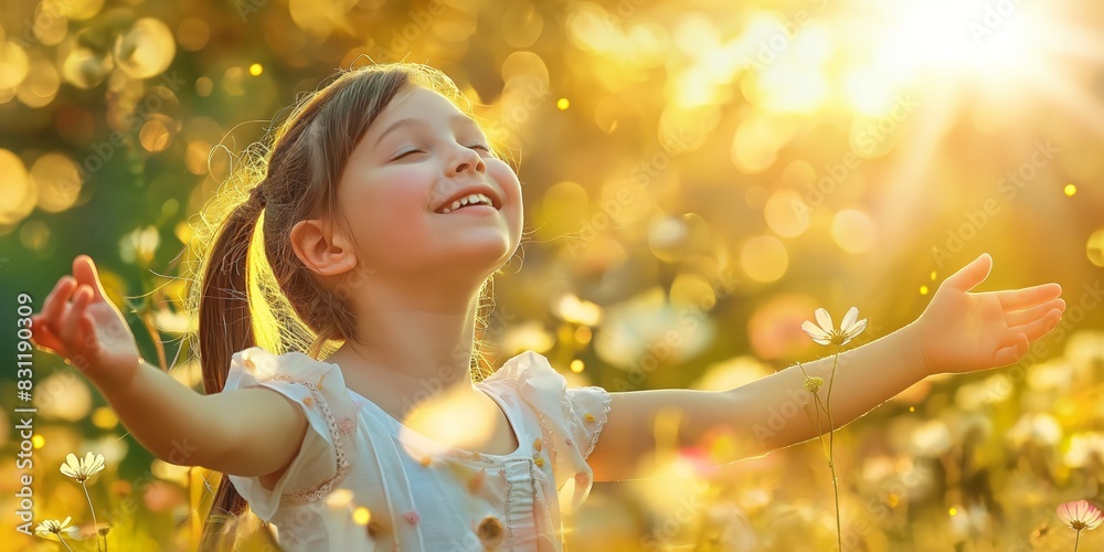 A happy child with arms wide open enjoying the embrace of sunset light A happy child with arms wide open enjoying the embrace of sunset light