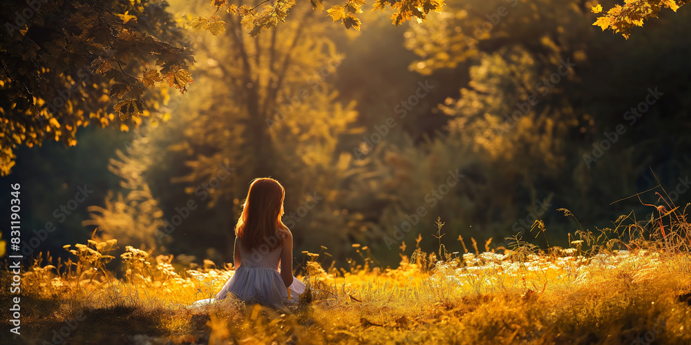 Obraz premium Solitary girl seen from behind, sitting in a sunlit field in the warmth of a golden hour sunset, contemplating