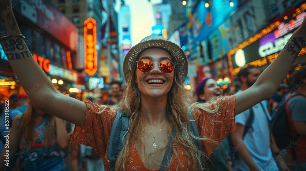 Obraz premium woman with tattoo in the city laughing, fun