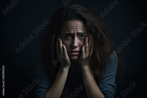 Upset woman with hands on her face, showing a sorrowful expression and dark backdrop
